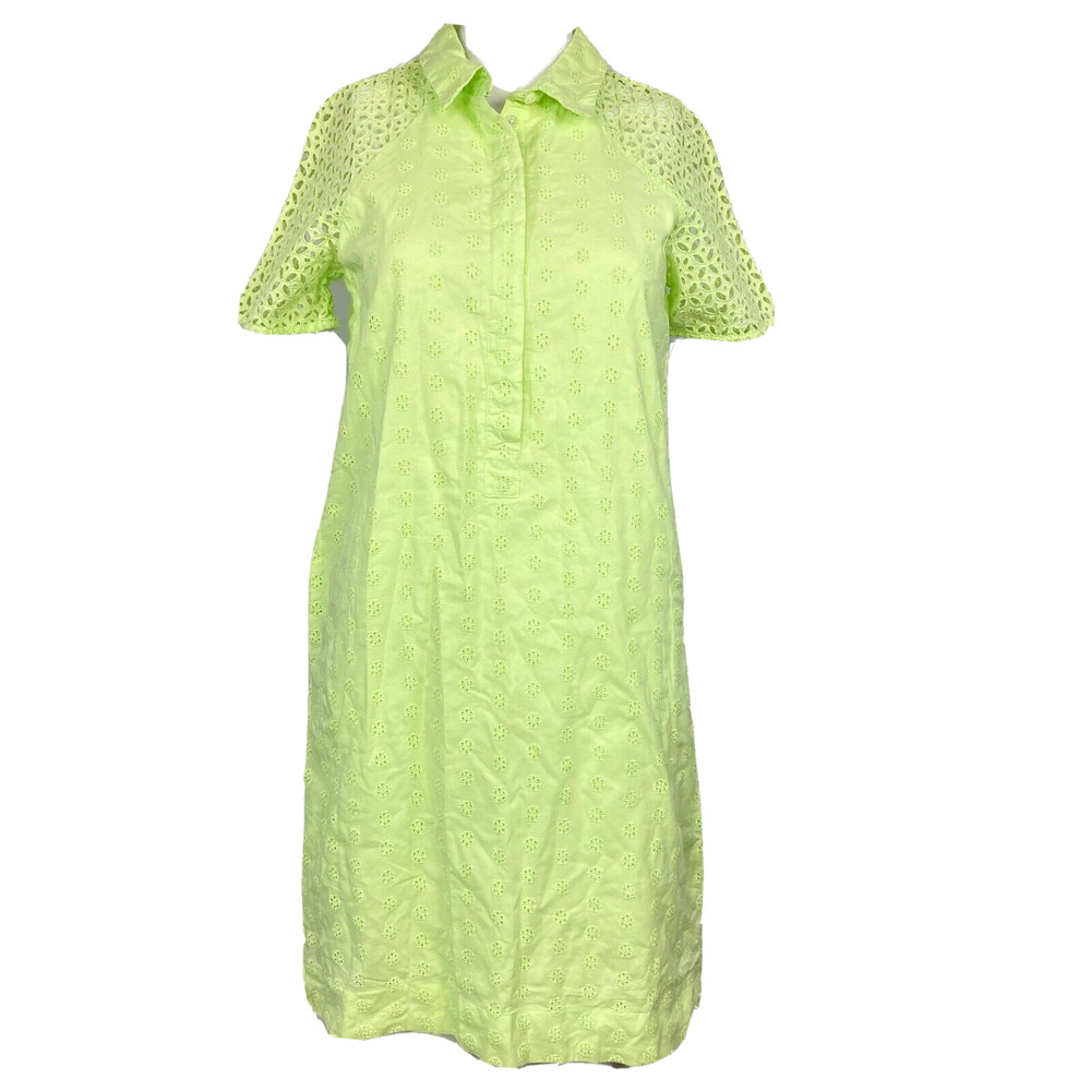 J. Crew Dress Womens Sz 0 Lime Green Cotton Eyelet Short Sleeve Shirt Pockets